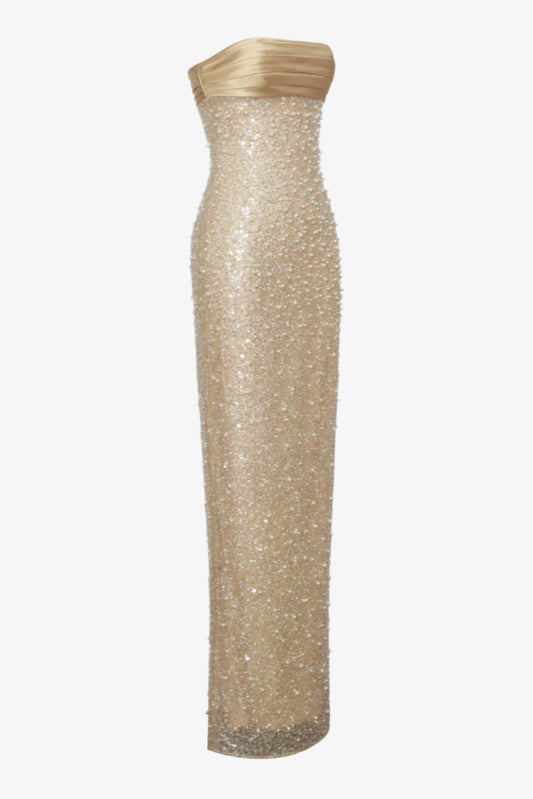 Beige strapless dress with sequin detailing on a white background
