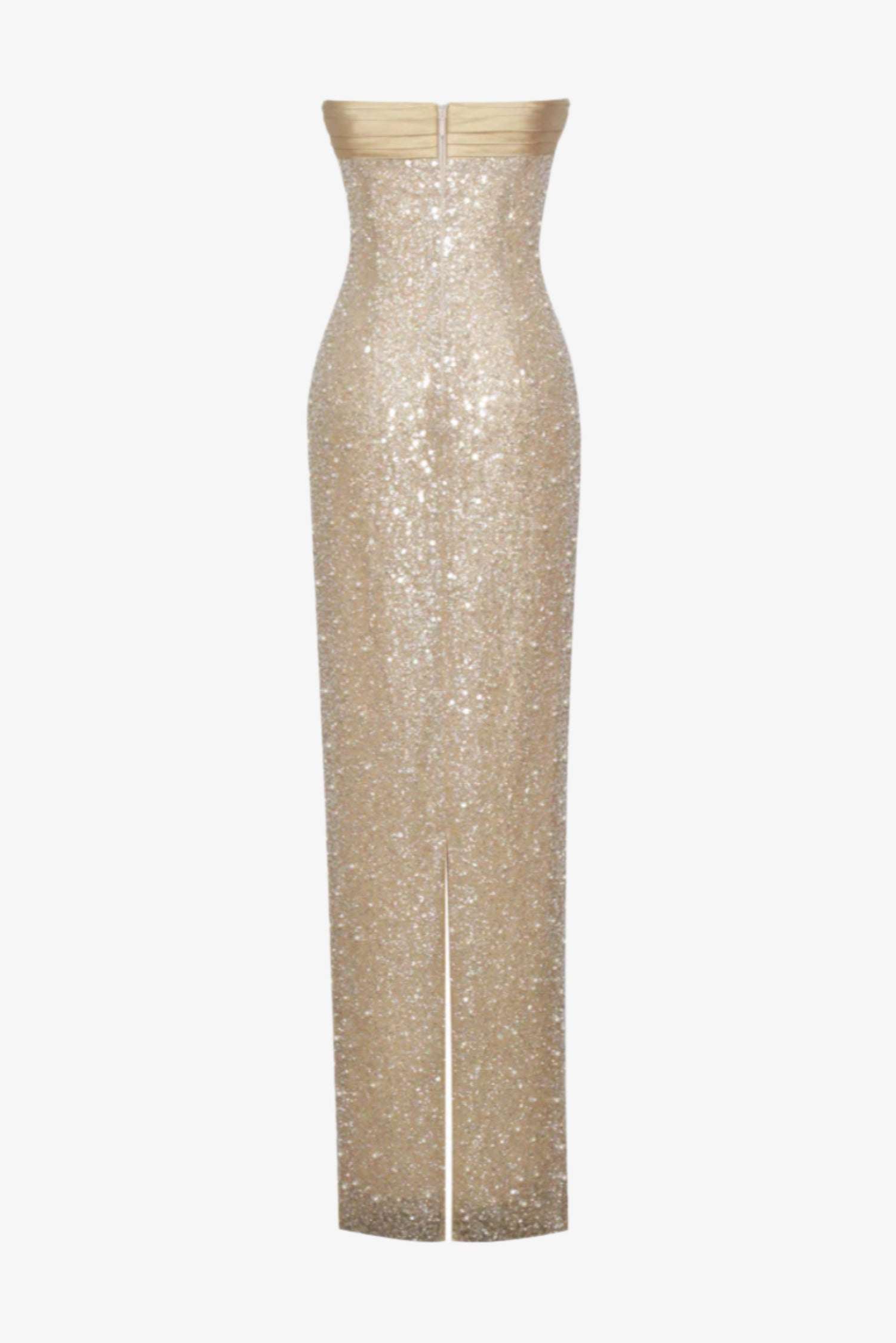 Gold sequin evening gown on a white background