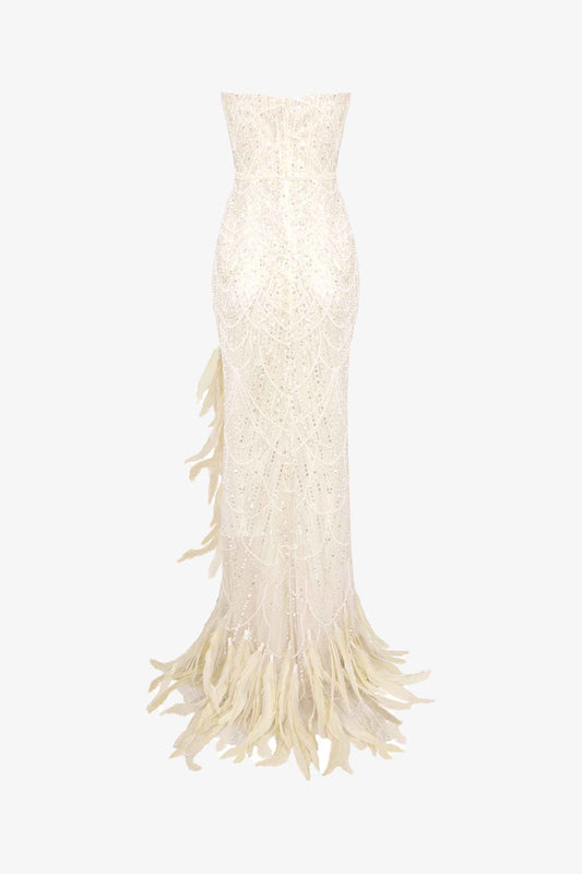 Champagne Strapless Feather Sequin Slit Maxi Dress