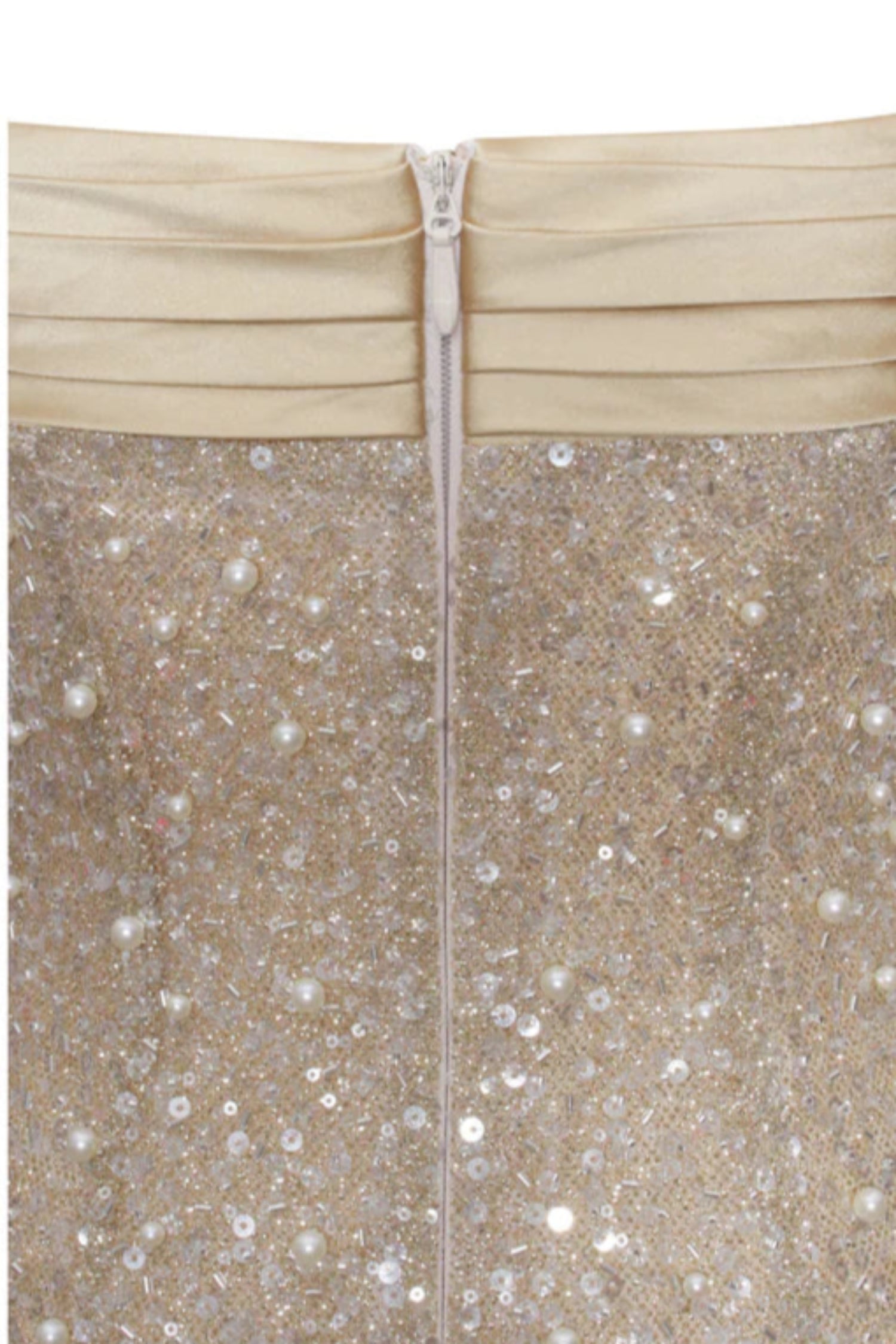 Gold glittery dress with a beige top section on a white background