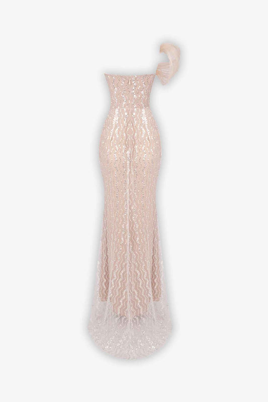 Champagne Sequin Embellished Strapless Mermaid Maxi Dress