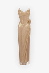 Gold Strapless Corset Maxi Dress with Split