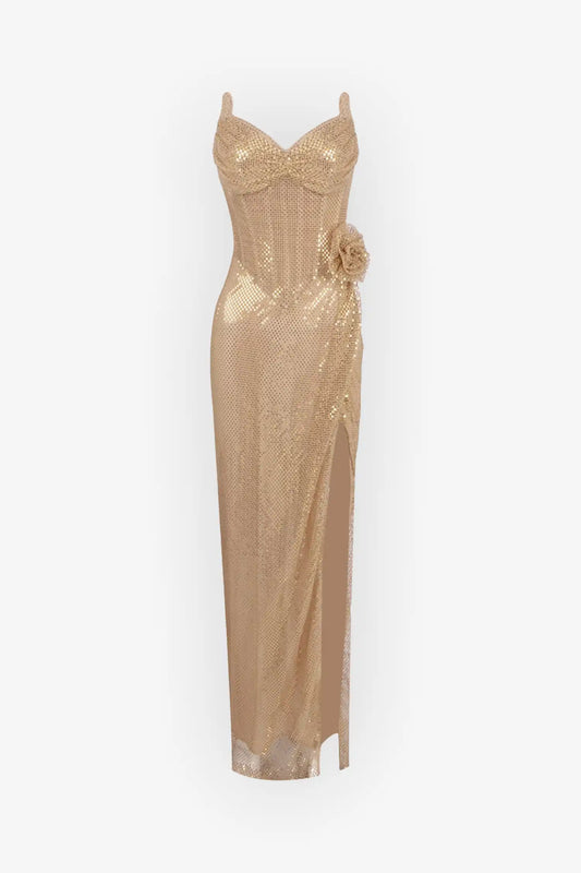 Gold Strapless Corset Maxi Dress with Split