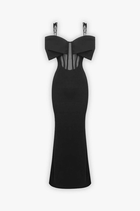 Black Corset Rhinestone Maxi Split Dress