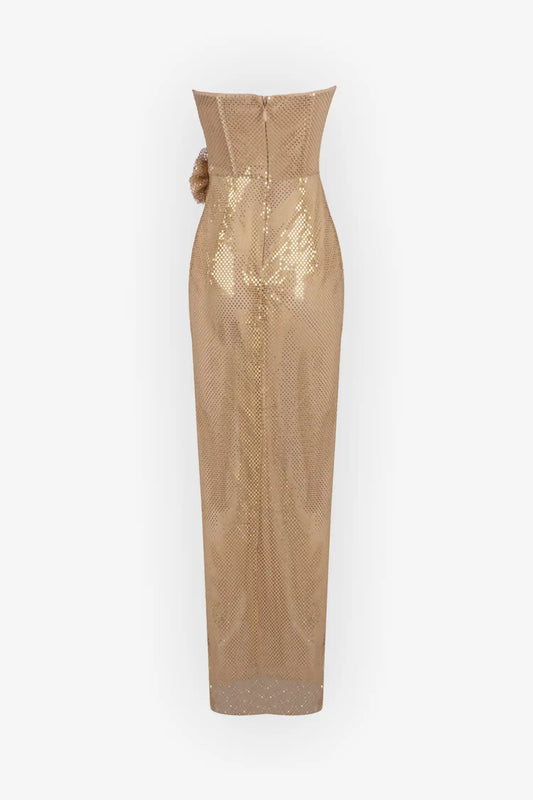 Gold Strapless Corset Maxi Dress with Split