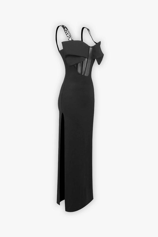 Black Corset Rhinestone Maxi Split Dress