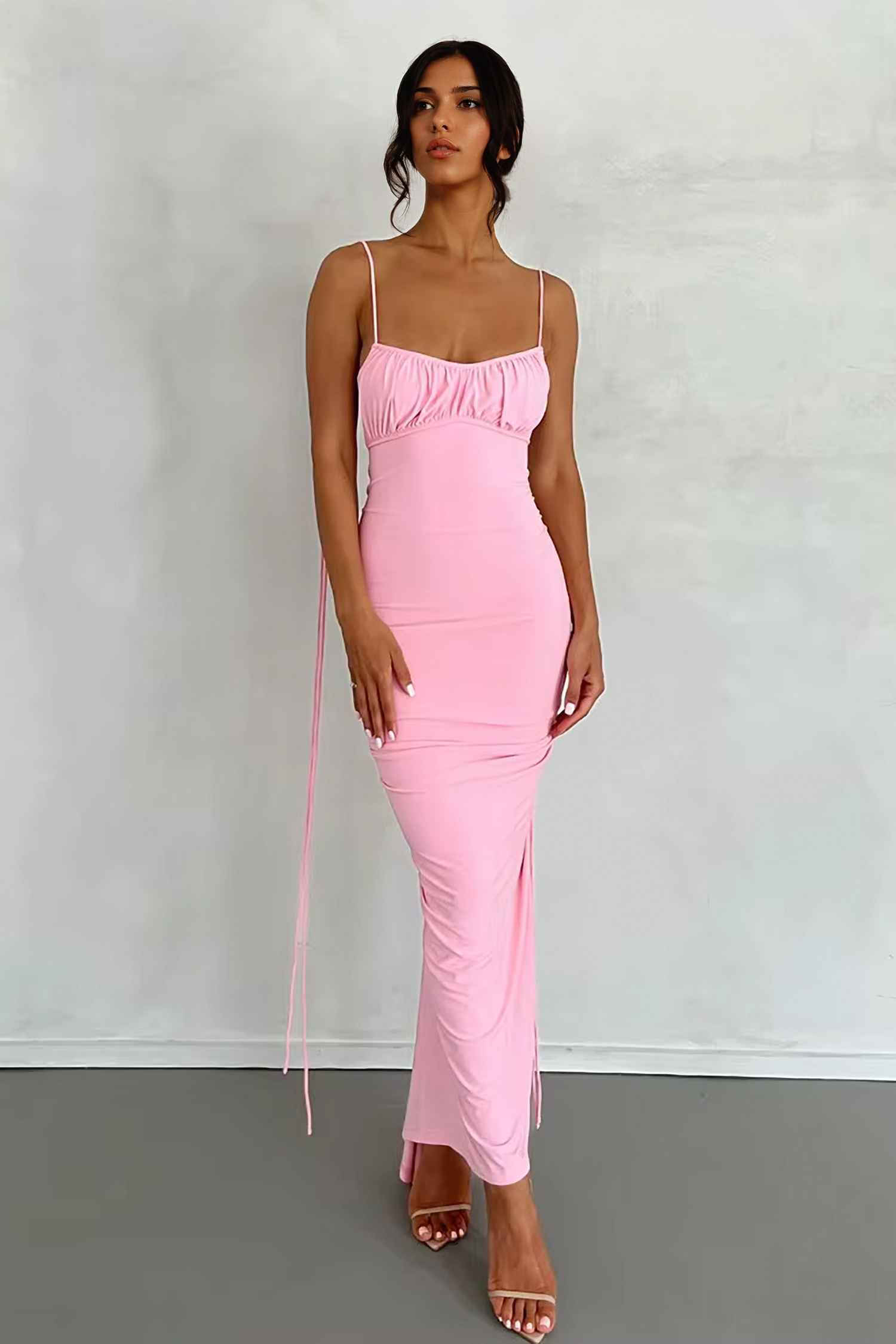 Pink Ruched Backless Maxi Dress
