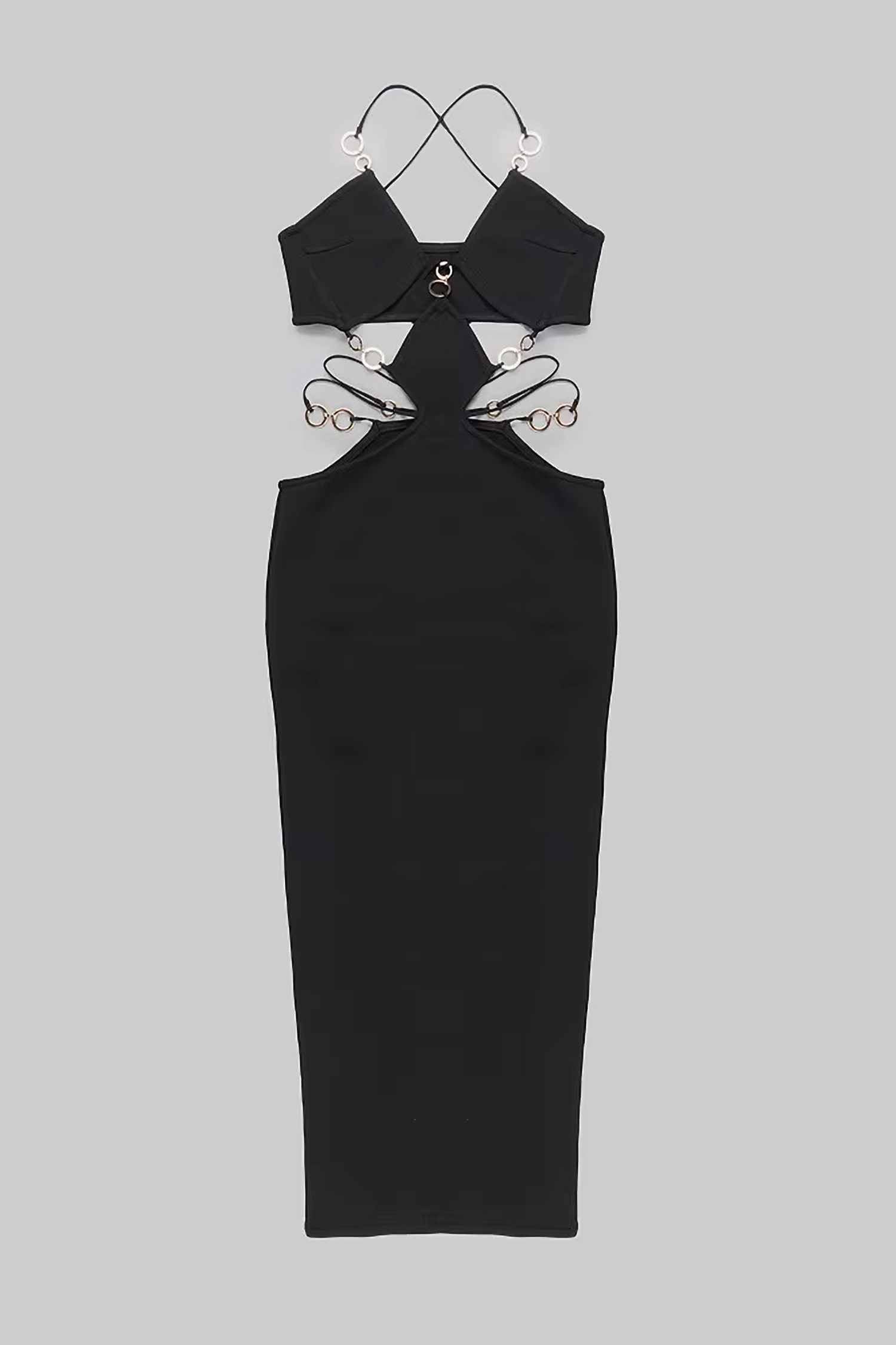 Black Cutout Ring Strappy Maxi Dress with Gold Chain Detail Dress