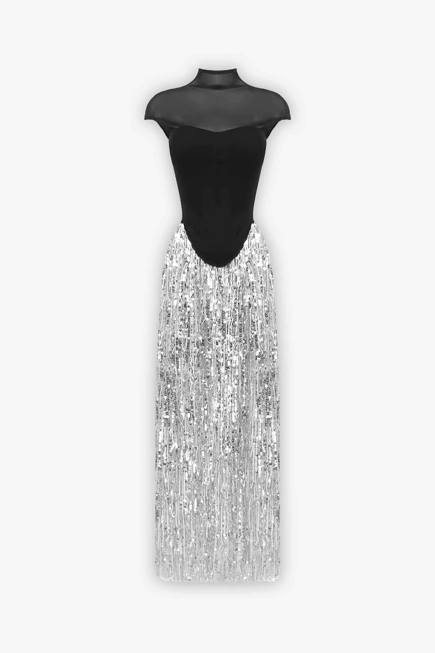 Black Mesh Corset And Silver Sequin Skirt Two Piece Dress Dress