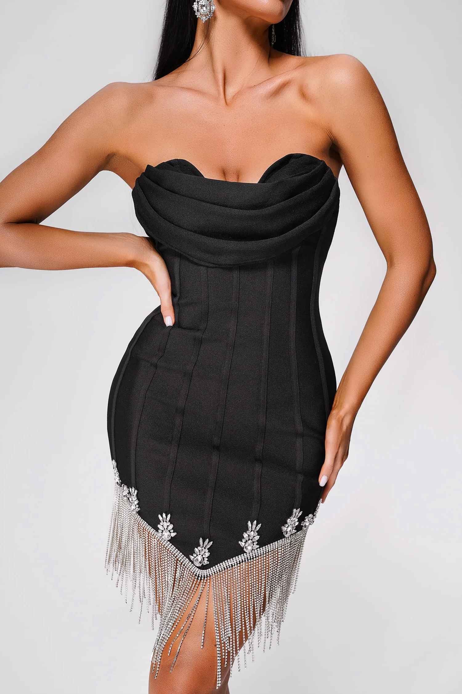 Black Rhinestone Strapless Corset Mini Fringe Dress Dress