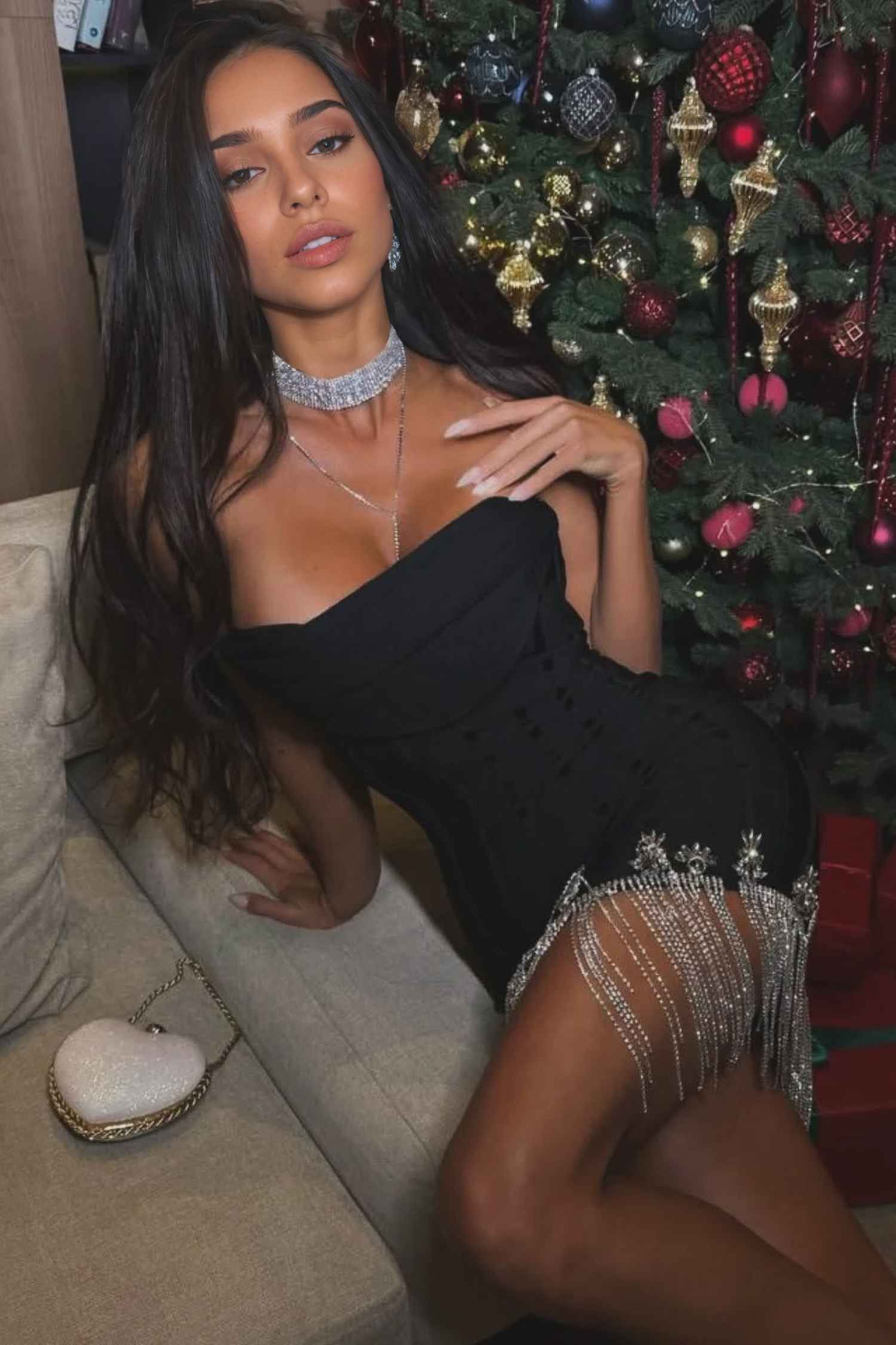 Black Rhinestone Strapless Corset Mini Fringe Dress Dress