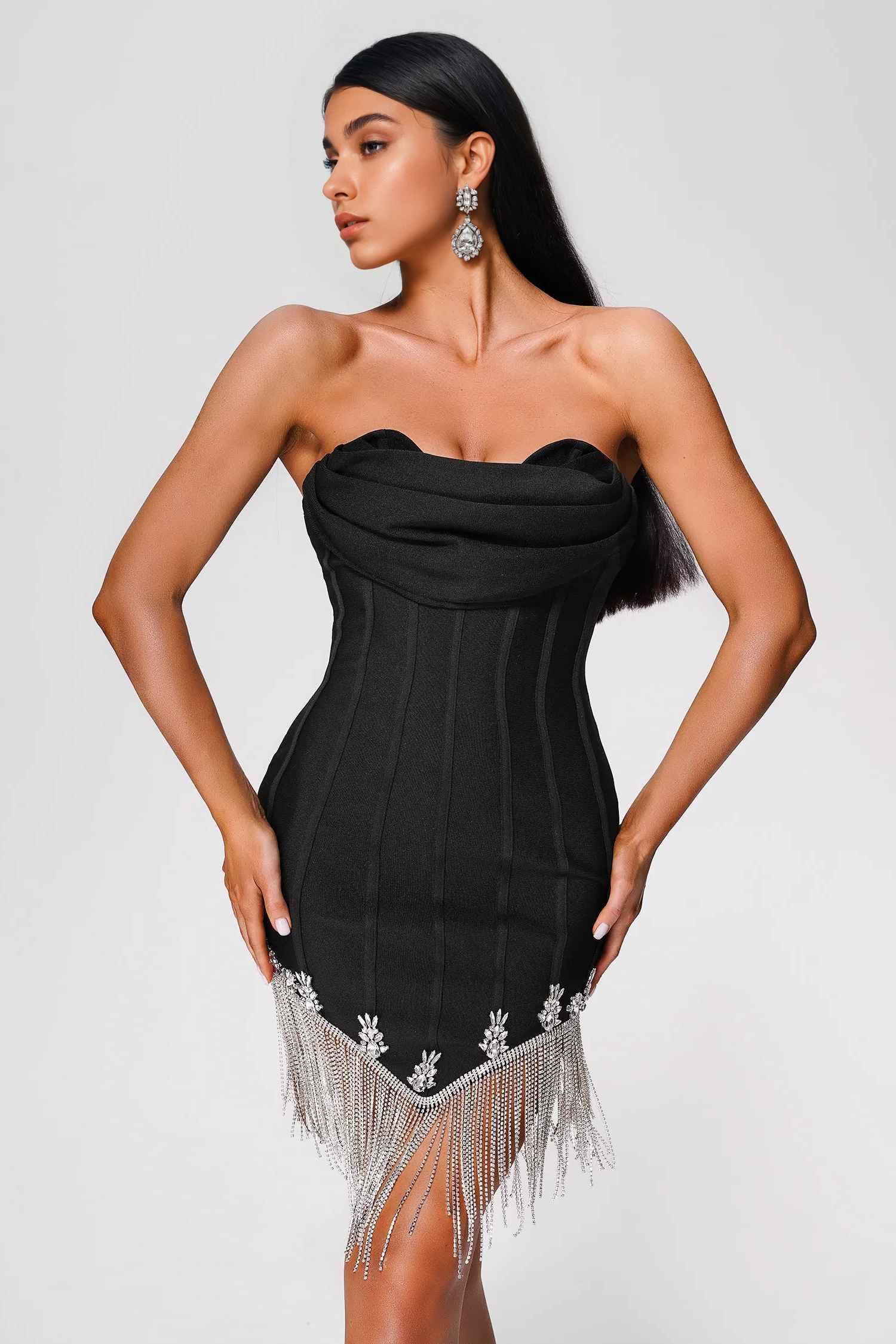 Black Rhinestone Strapless Corset Mini Fringe Dress Dress