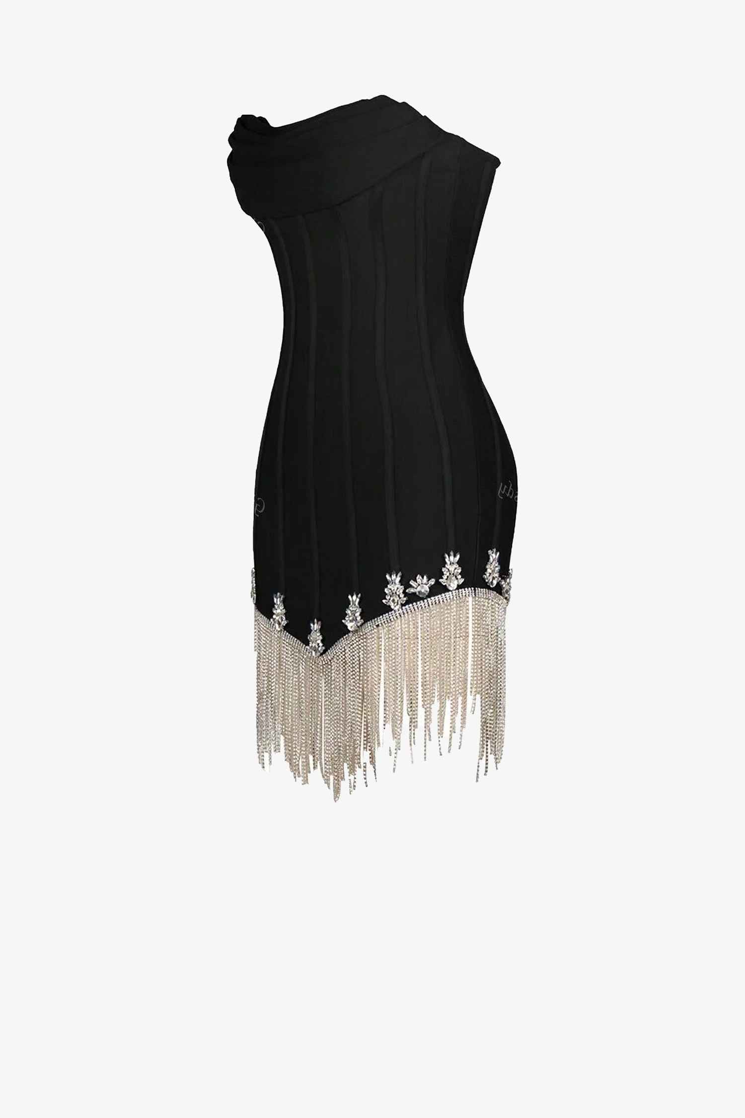 Black Rhinestone Strapless Corset Mini Fringe Dress Dress