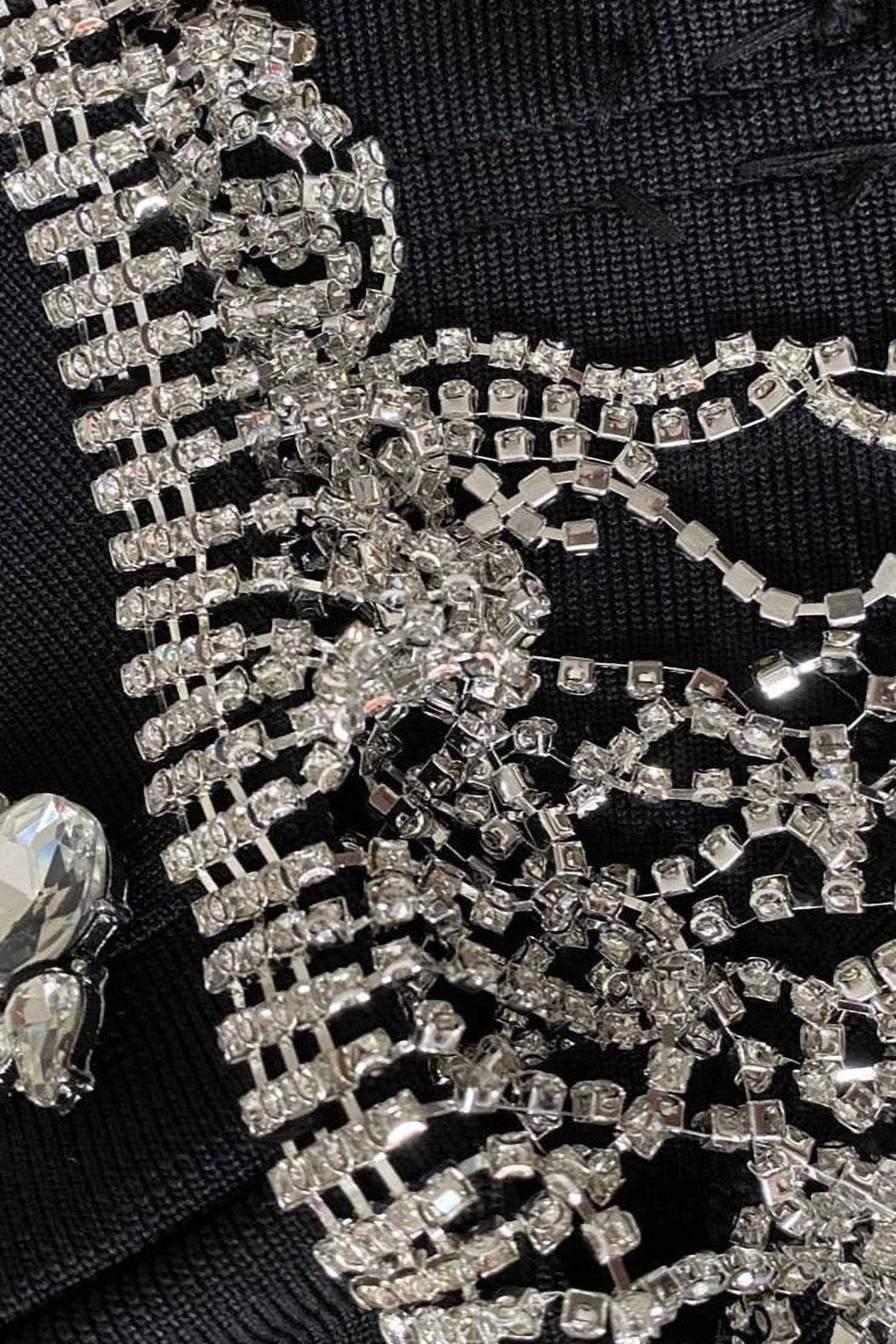 Black Rhinestone Strapless Corset Mini Fringe Dress Dress