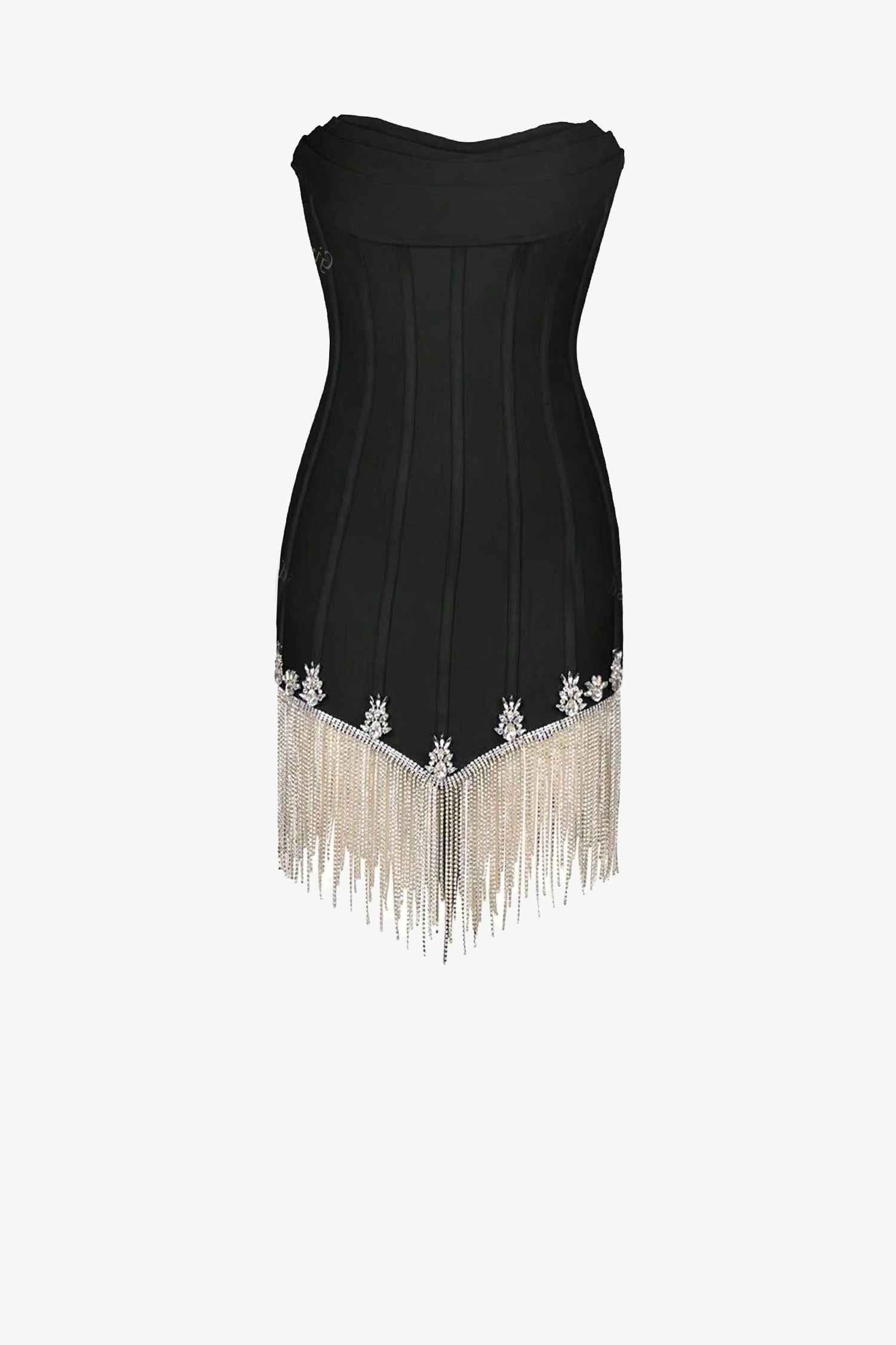 Black Rhinestone Strapless Corset Mini Fringe Dress Dress