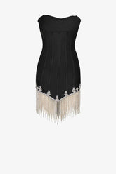 Black Rhinestone Strapless Corset Mini Fringe Dress Dress