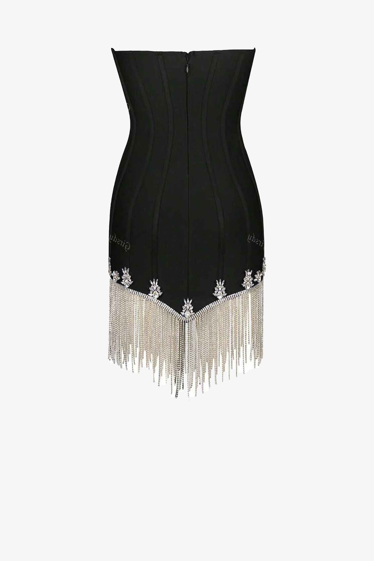 Black Rhinestone Strapless Corset Mini Fringe Dress Dress