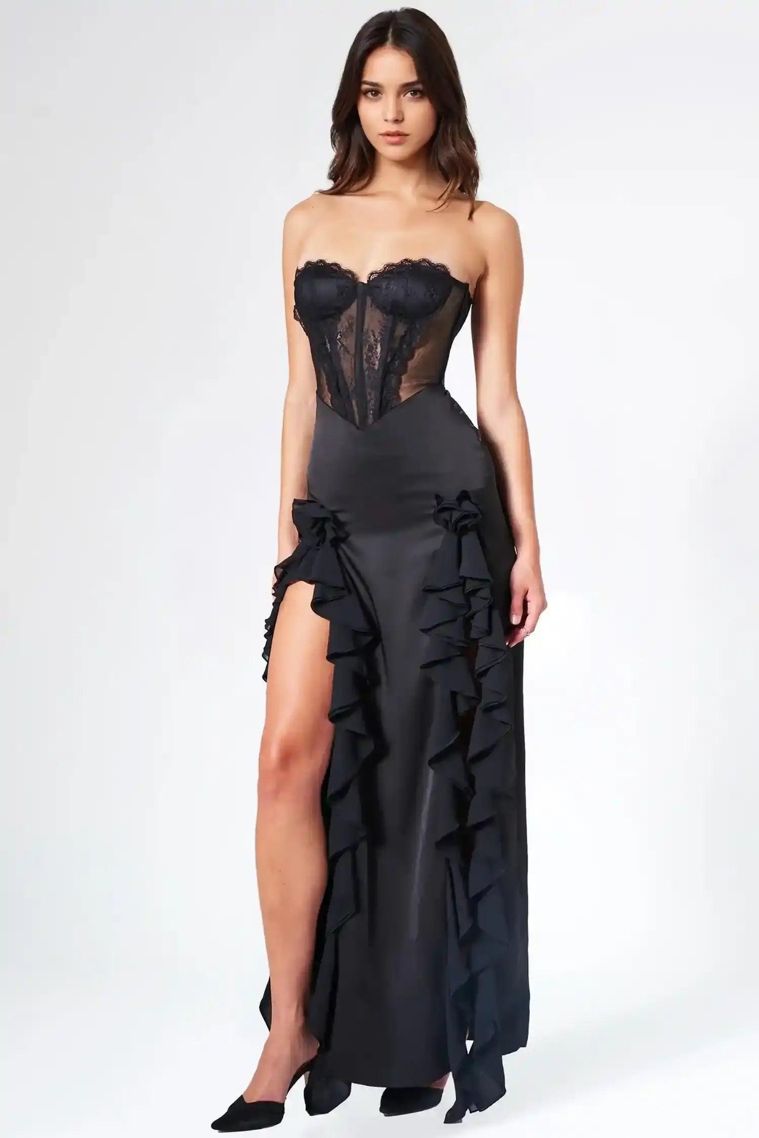 Black Strapless Corset Ruffle Maxi Dress Dress