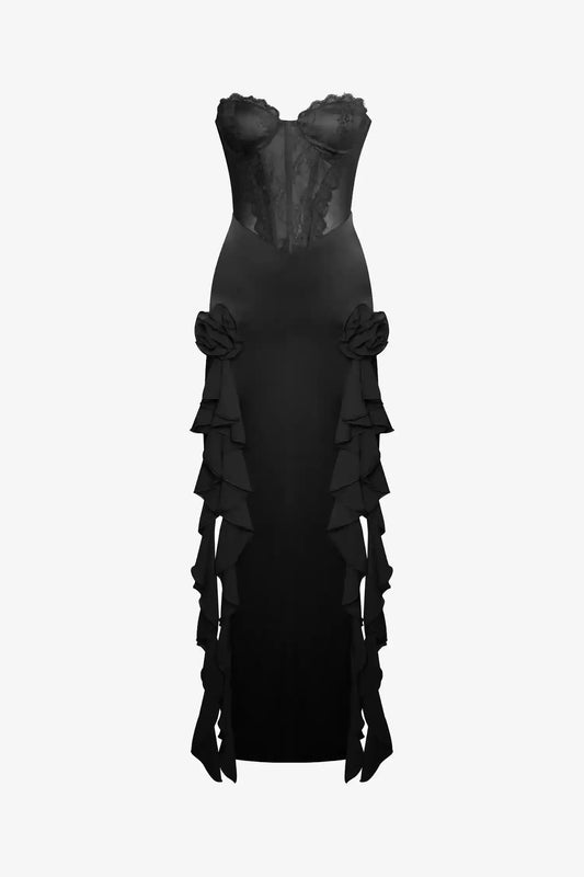 Black Strapless Corset Ruffle Maxi Dress Dress