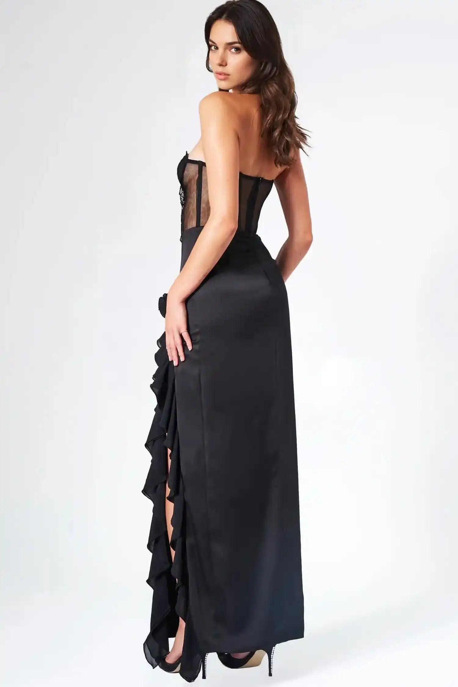 Black Strapless Corset Ruffle Maxi Dress Dress