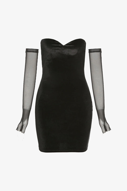 Black Strapless Sweetheart Velvet Mini Dress