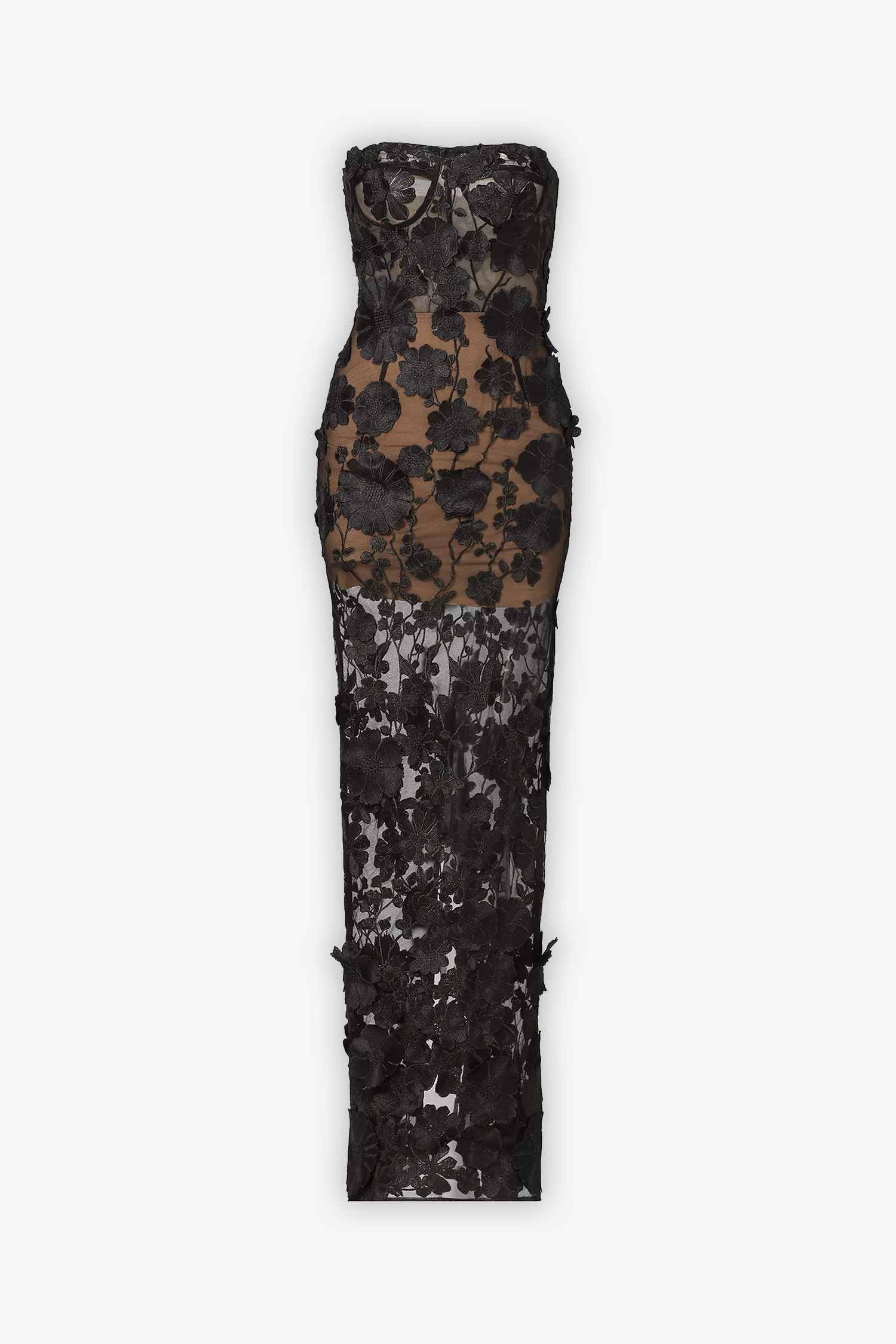 Black Strapless Tulle Floral Maxi Dress Dress