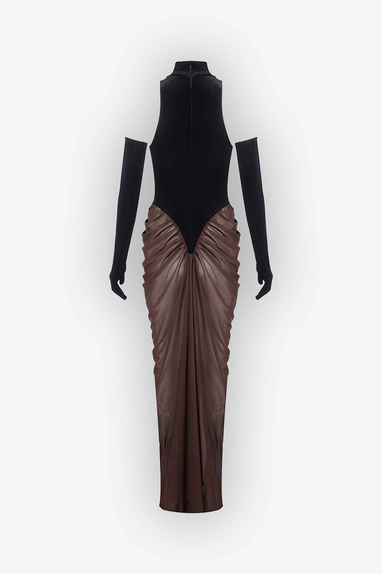 Black Velvet and Brown Mesh Ruched Maxi Dress Dress