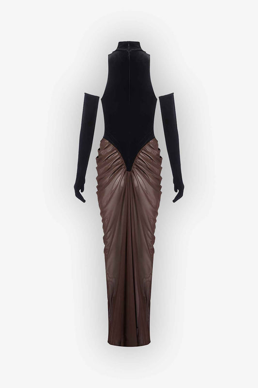 Black Velvet and Brown Mesh Ruched Maxi Dress Dress