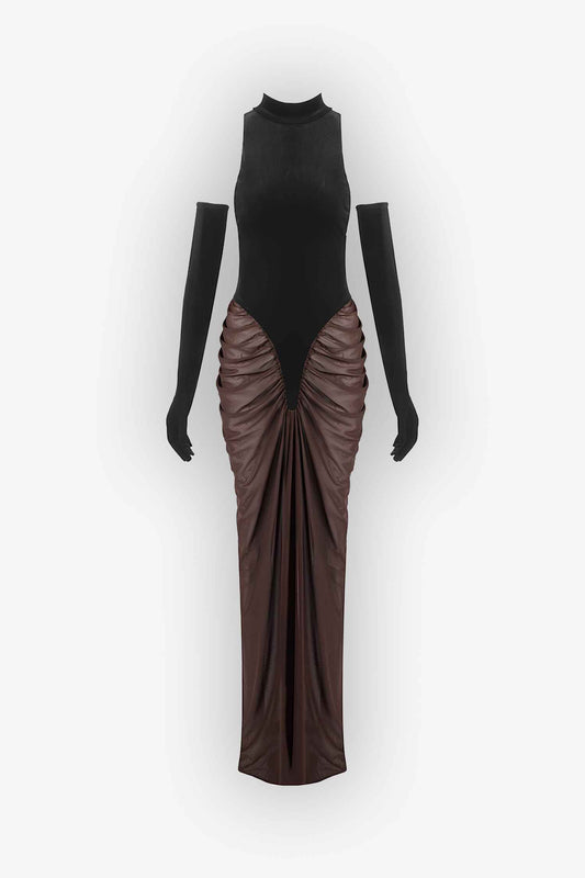 Black Velvet and Brown Mesh Ruched Maxi Dress Dress