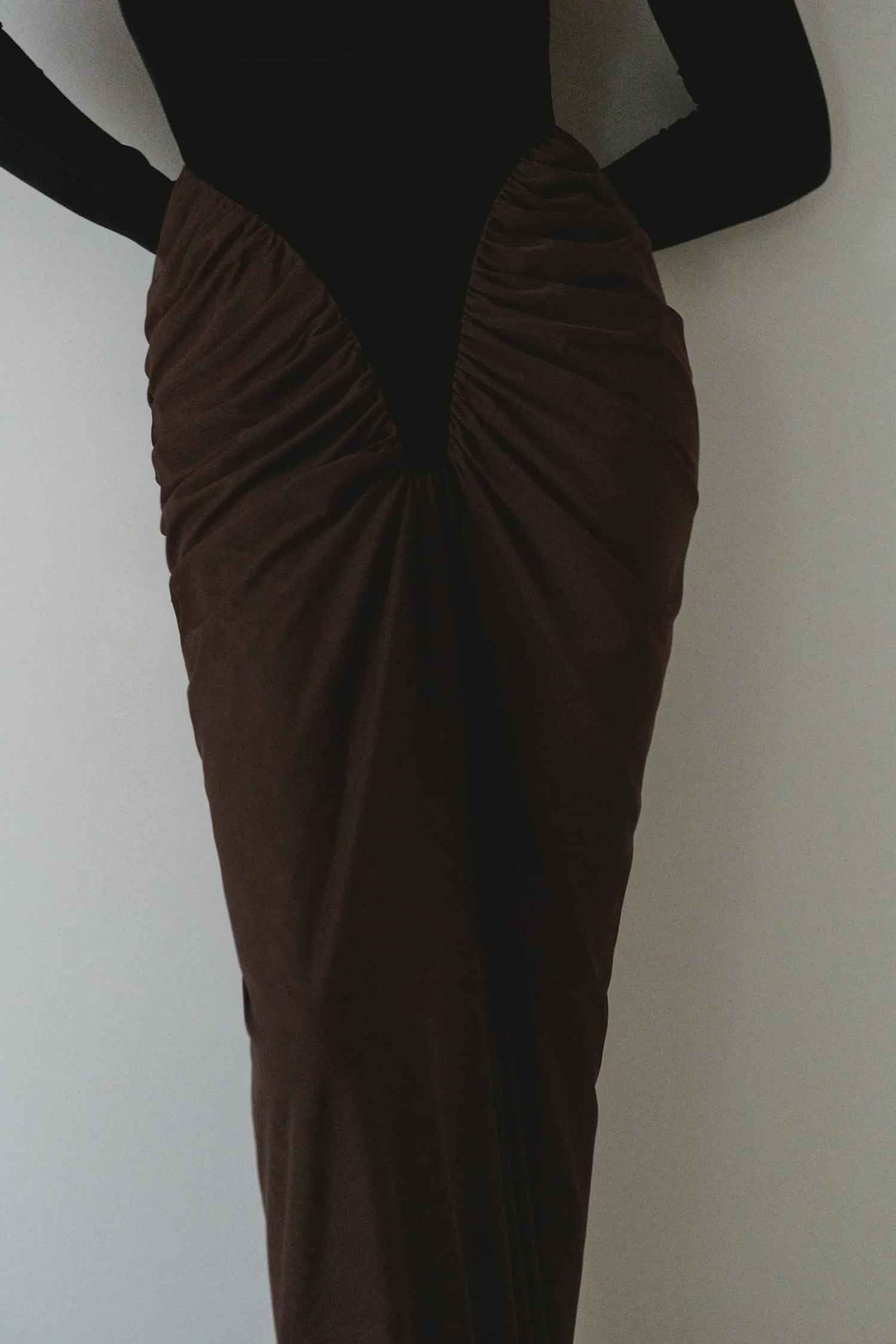 Black Velvet and Brown Mesh Ruched Maxi Dress Dress