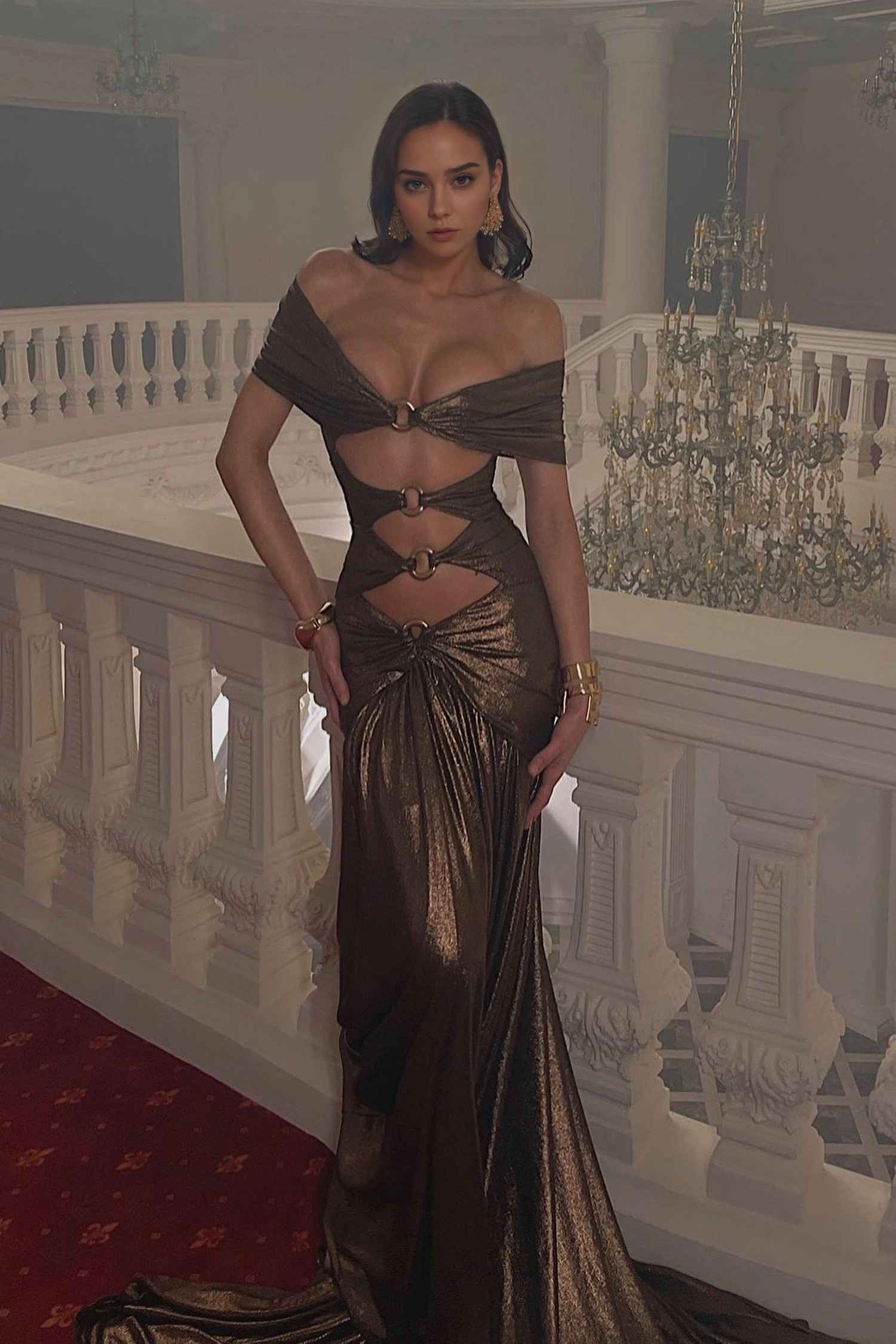 Brown Metallic Off The Shoulder Mermaid Dress Dress