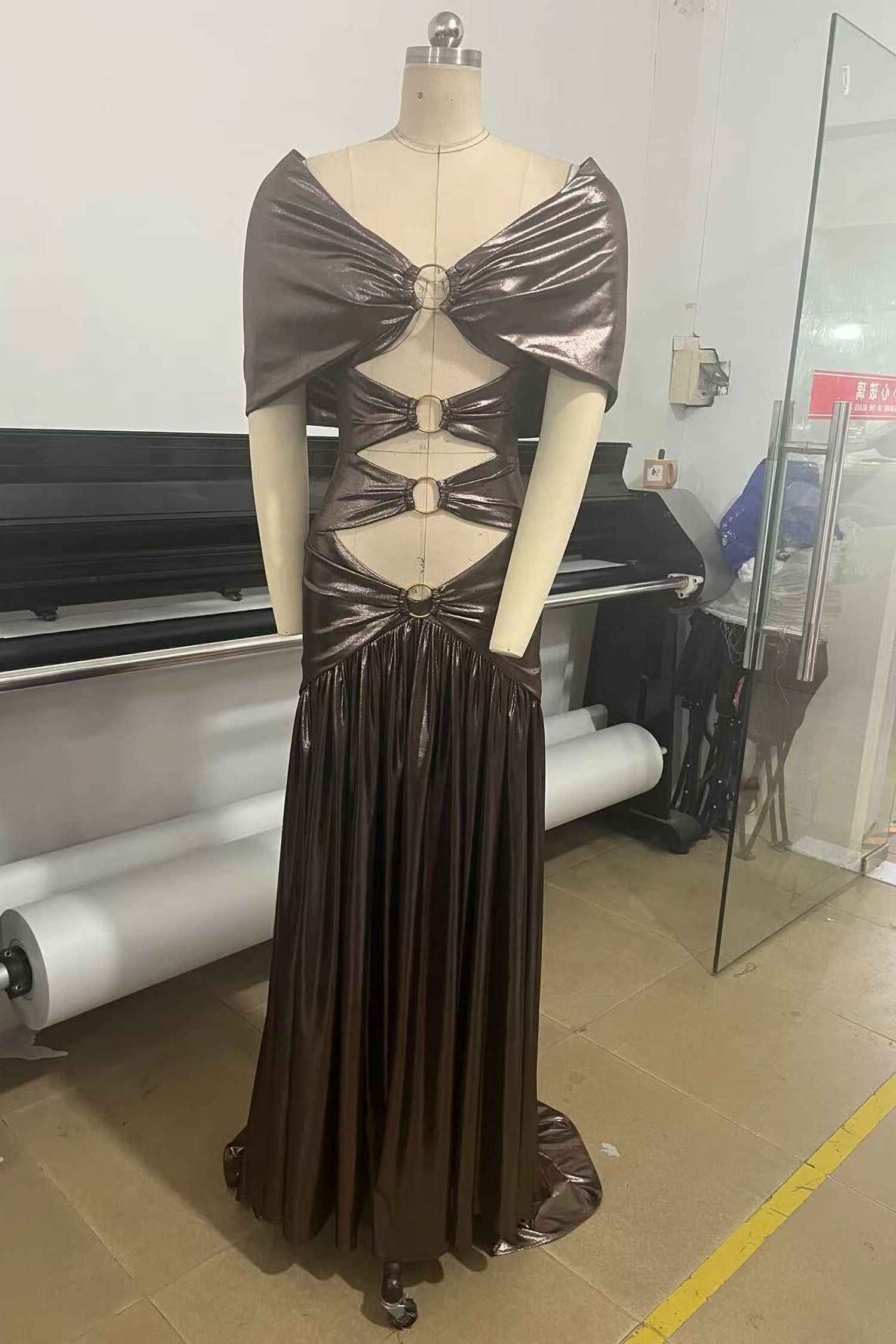 Brown Metallic Off The Shoulder Mermaid Dress Dress