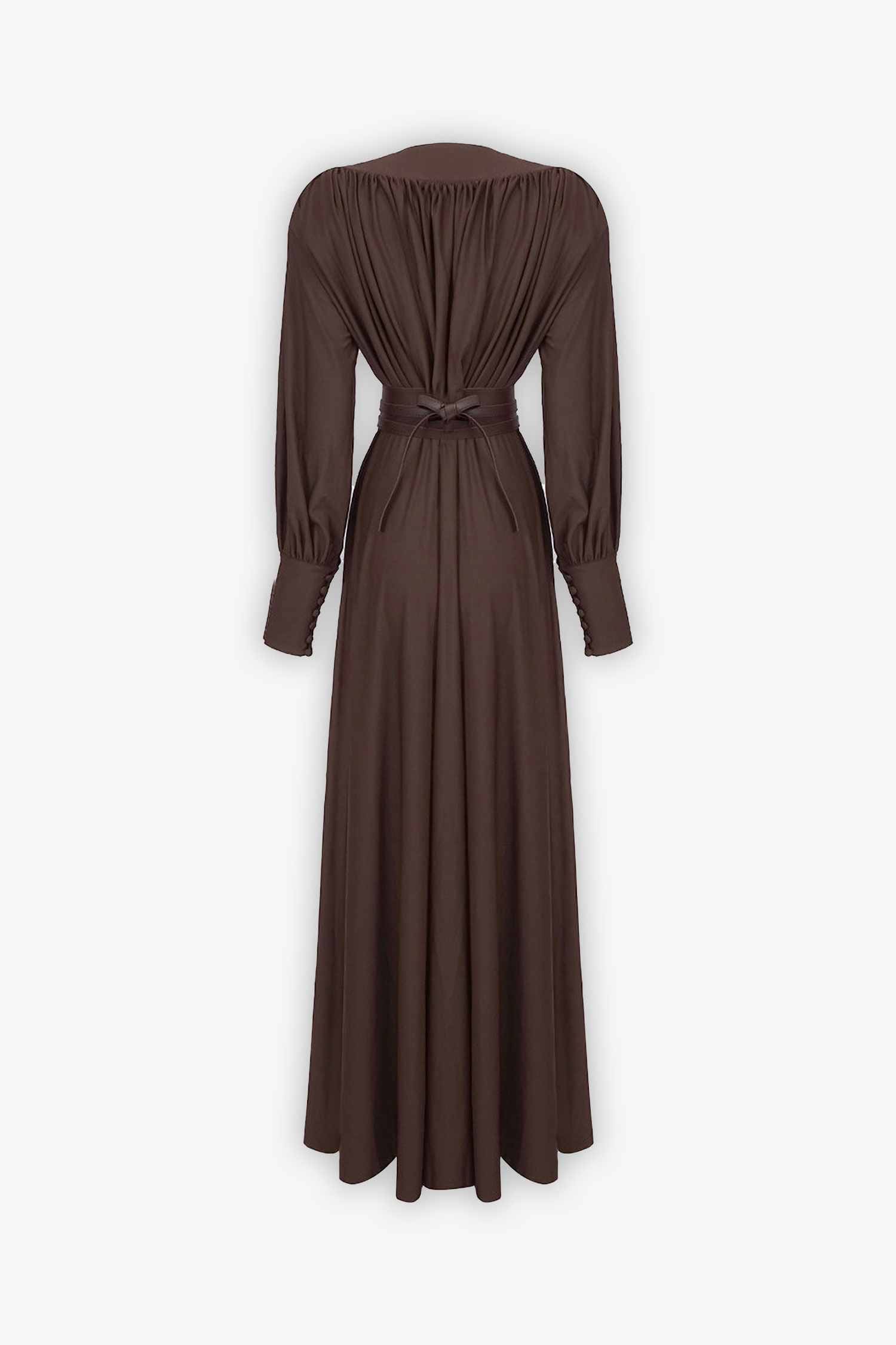 Brown V-Neck Maxi Dress with Belted Waist and Puffed Sleeves Dress