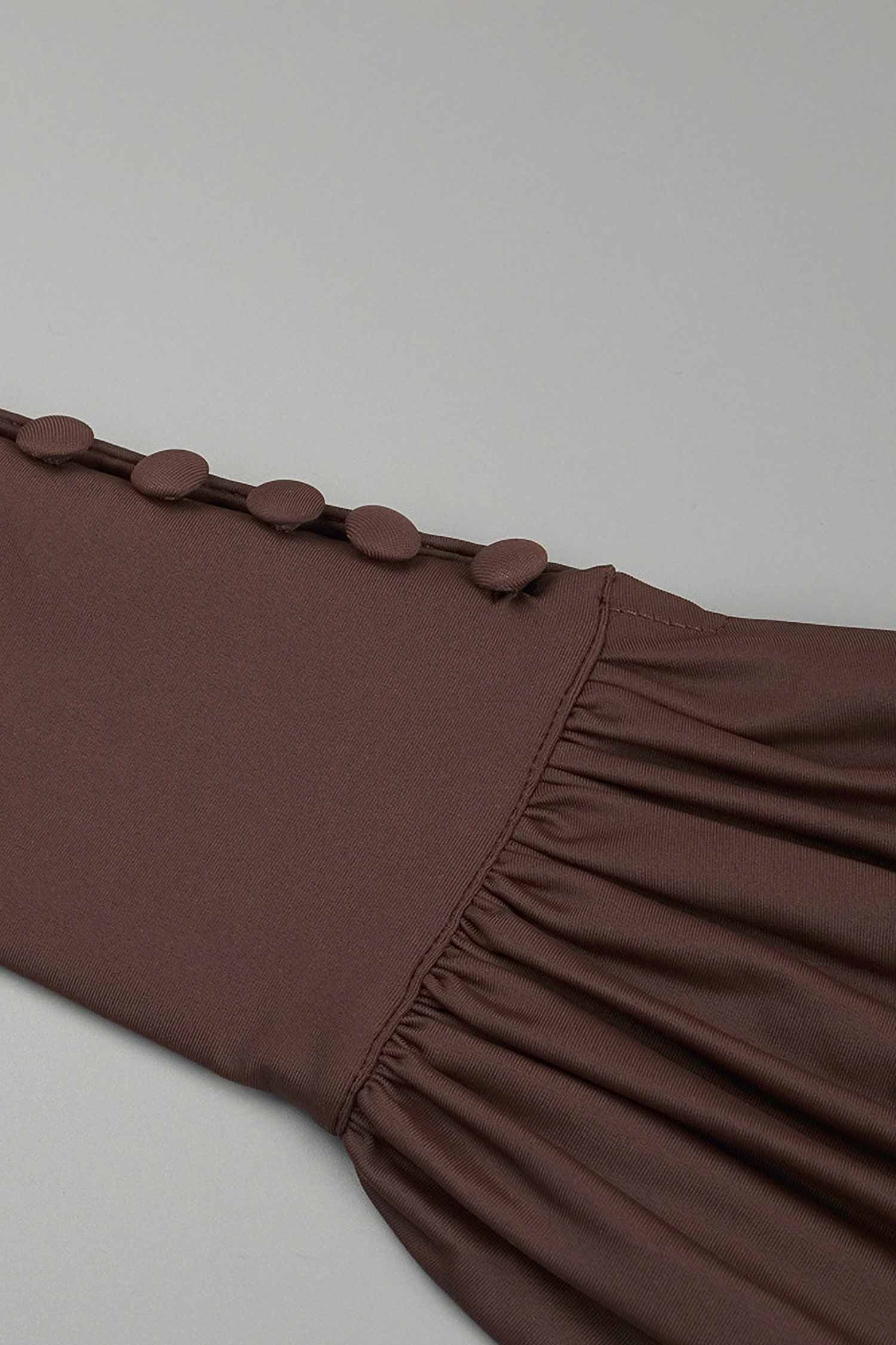 Brown V-Neck Maxi Dress with Belted Waist and Puffed Sleeves Dress