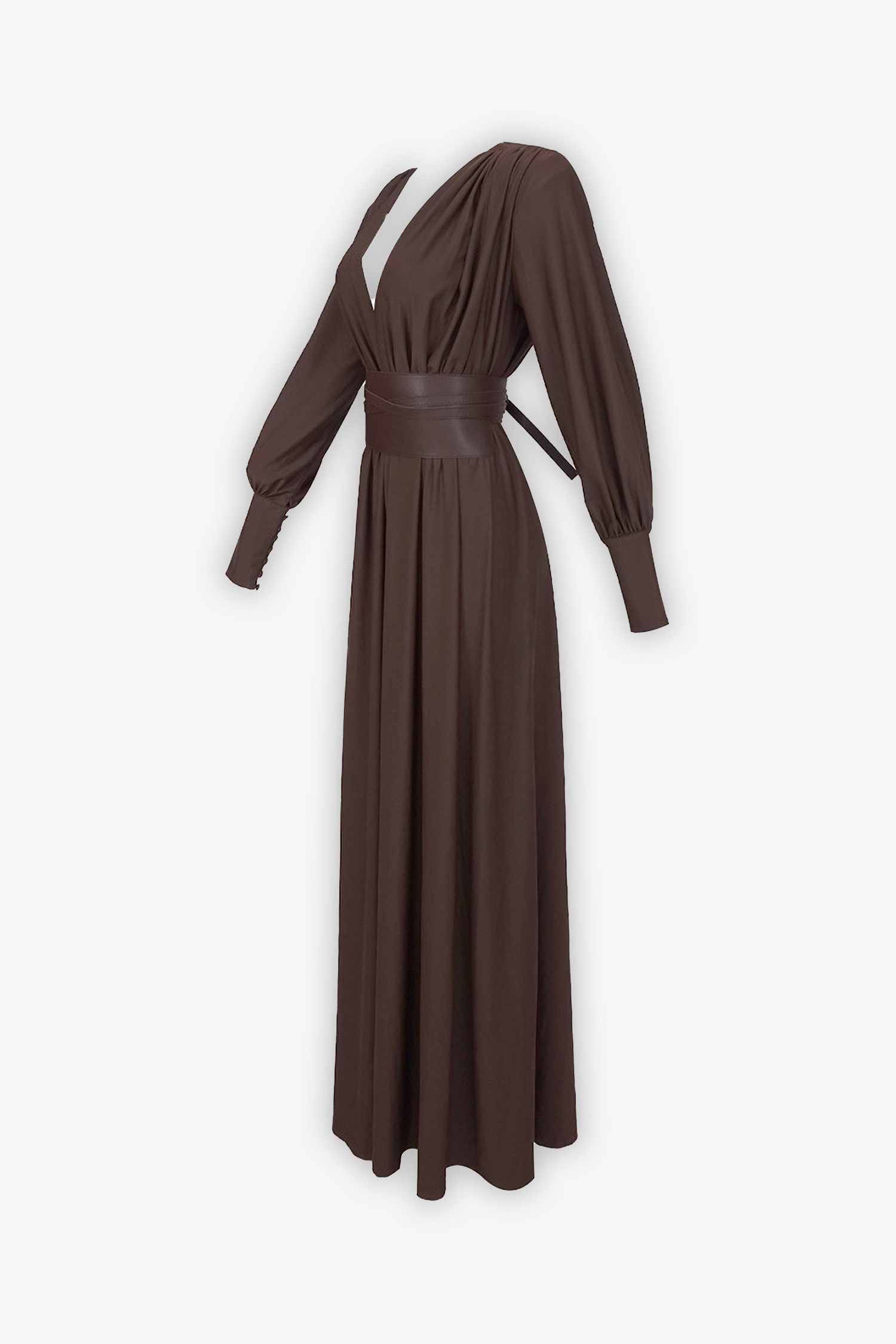 Brown V-Neck Maxi Dress with Belted Waist and Puffed Sleeves Dress