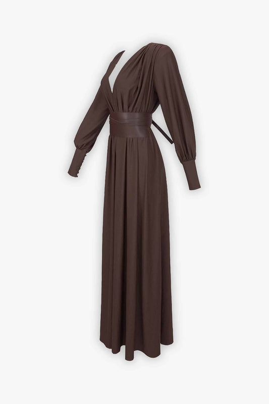 Brown V-Neck Maxi Dress with Belted Waist and Puffed Sleeves Dress