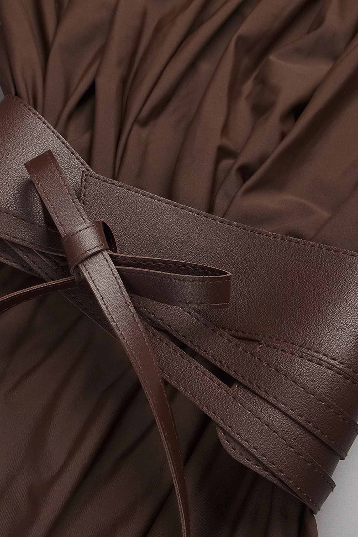 Brown V-Neck Maxi Dress with Belted Waist and Puffed Sleeves Dress