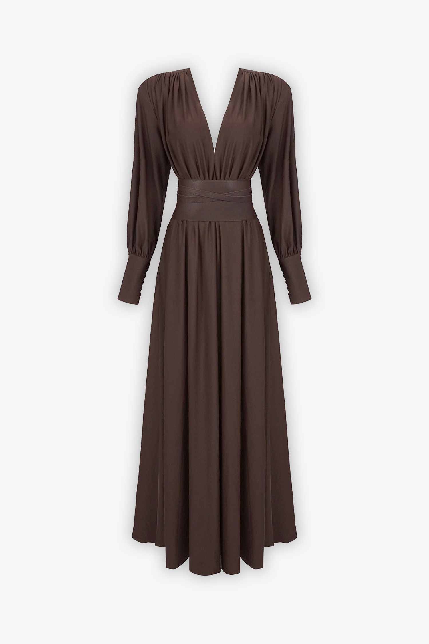 Brown V-Neck Maxi Dress with Belted Waist and Puffed Sleeves Dress