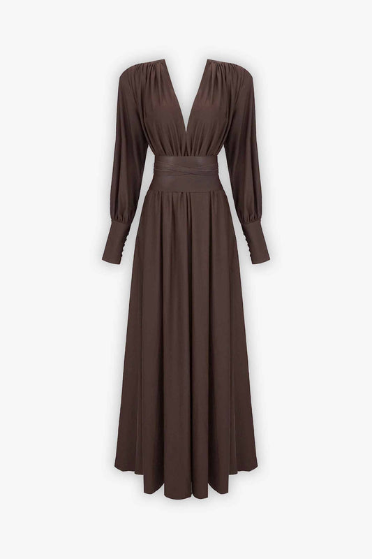 Brown V-Neck Maxi Dress with Belted Waist and Puffed Sleeves Dress