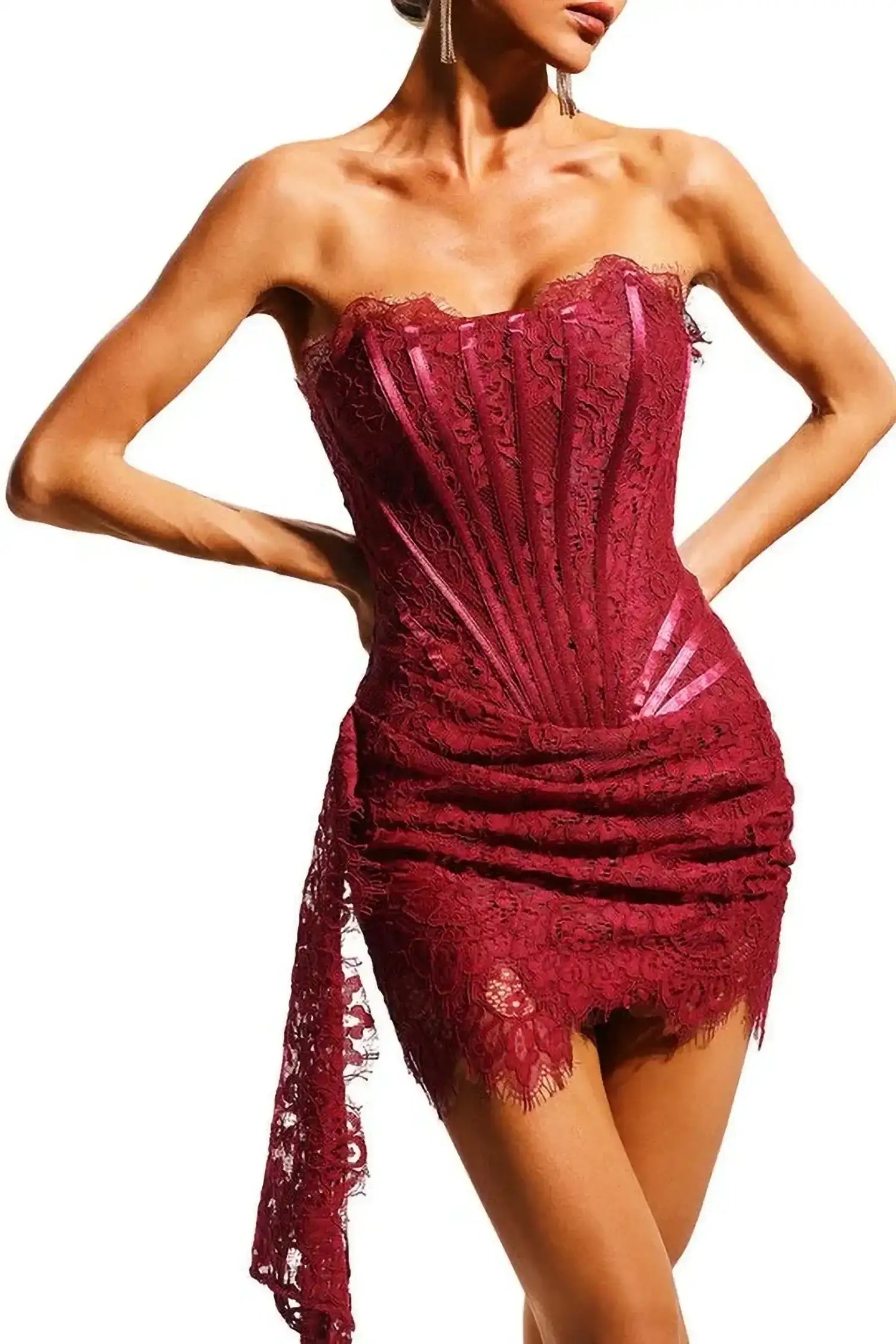 Burgundy Lace Overlay Bustier Mini Dress Dress