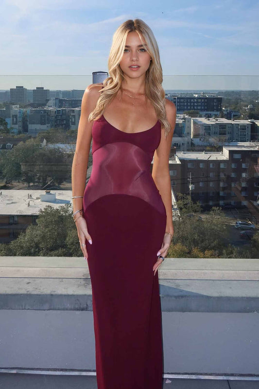 Burgundy Mesh Panel Sleeveless Maxi Dress Dress