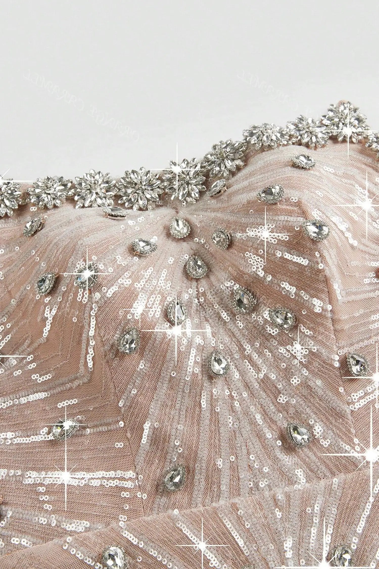 Champagne Strapless Crystal Embellished Sequin Mermaid Dress Dress