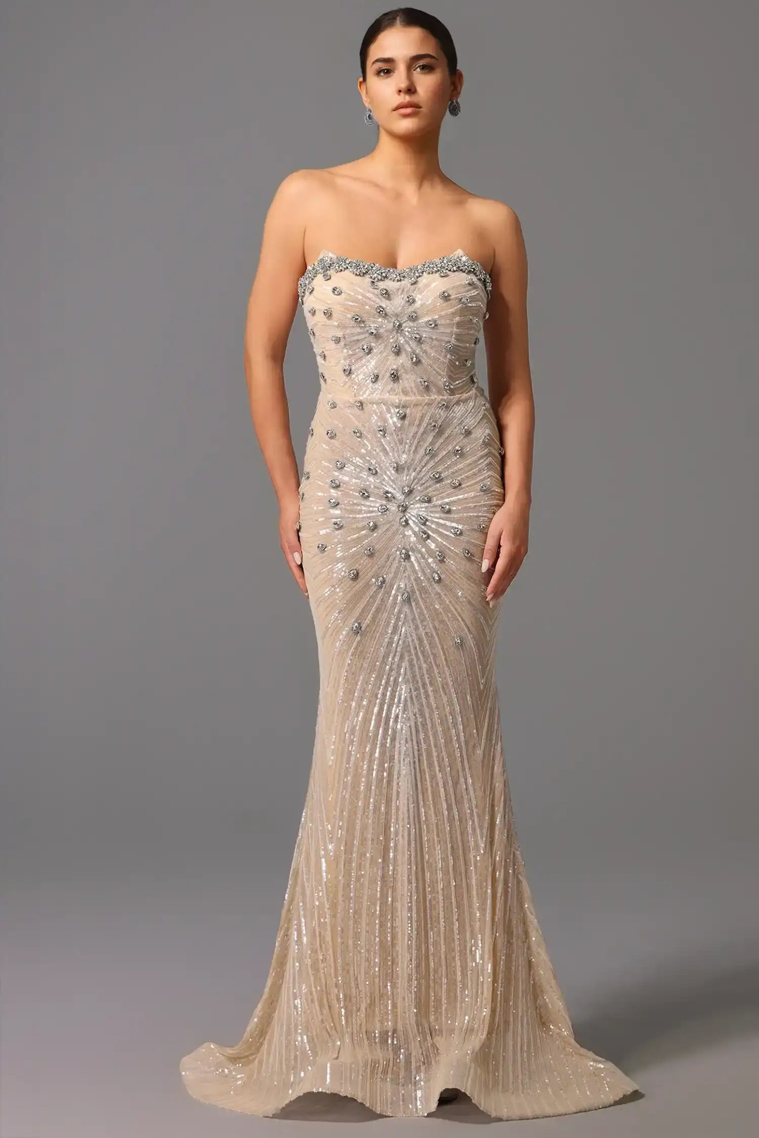 Champagne Strapless Crystal Embellished Sequin Mermaid Dress Dress