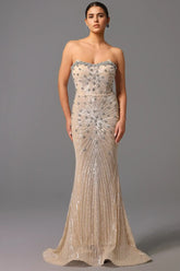 Champagne Strapless Crystal Embellished Sequin Mermaid Dress Dress