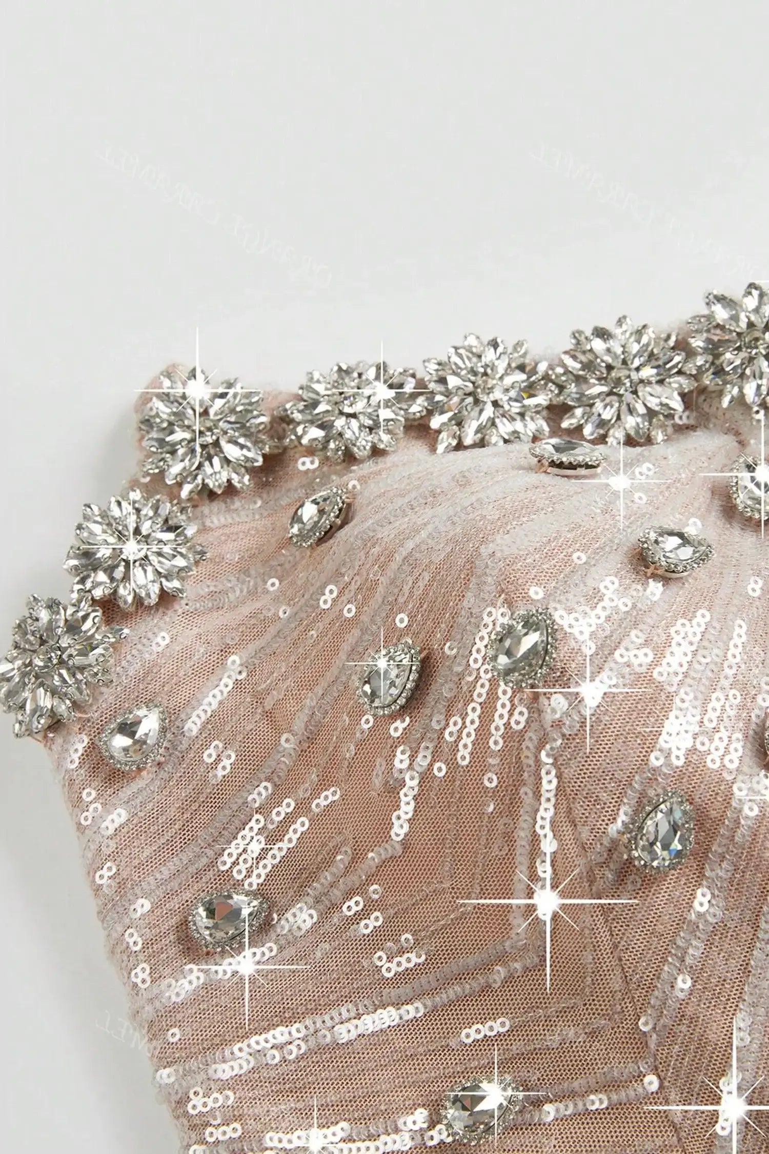 Champagne Strapless Crystal Embellished Sequin Mermaid Dress Dress