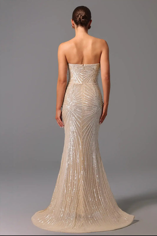 Champagne Strapless Crystal Embellished Sequin Mermaid Dress Dress