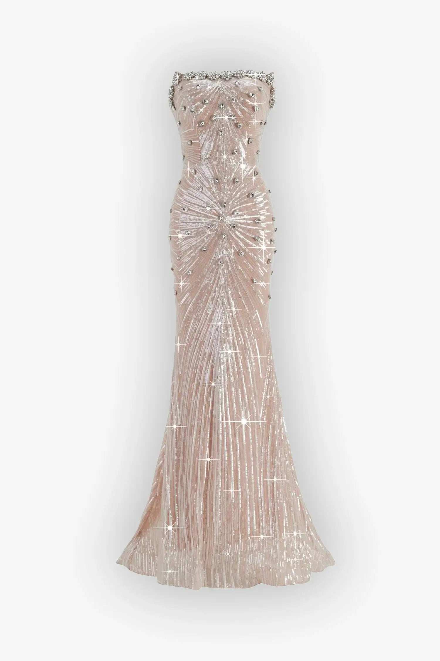 Champagne Strapless Crystal Embellished Sequin Mermaid Dress Dress