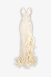 Champagne Strapless Feather Sequin Slit Maxi Dress