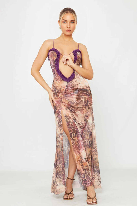 Floral Ruffle Sheer Slit Maxi Dress Dress