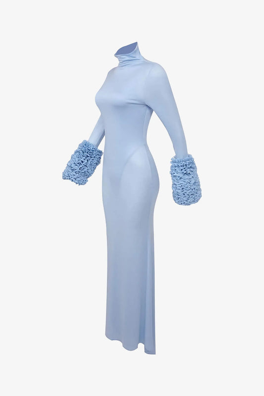 Light Blue Ruffled Sleeve High Neck Maxi Dress